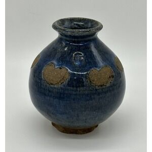 Signed Pottery Bud Vase Hearts Blue Studio Glazed Art